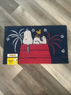 NWT- Peanuts- Snoopy & Woodstock Patriotic Fireworks Coir Outdoor Door Mat 18x30